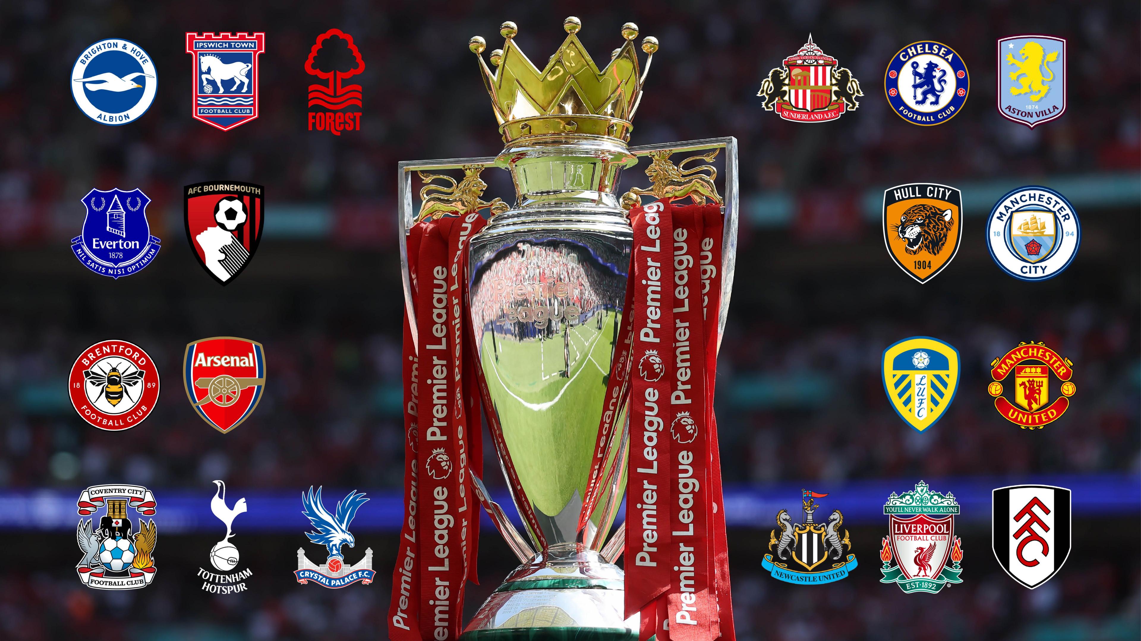 The Premier League trophy with red ribbons on it, surrounded by the crests of the 20 clubs in the English top flight in the 2026-27 season
