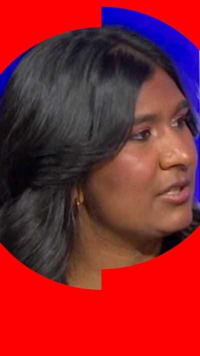Journalist Ash Sarkar has long dark hair and is talking to someone off camera.