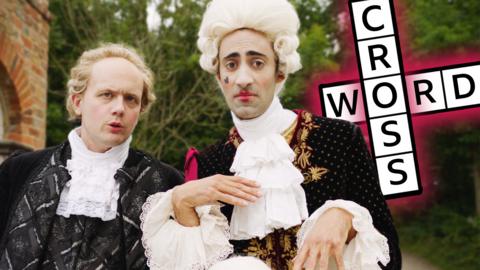 Image of two men look shocked in historical French  dress with the word crossword on the right.