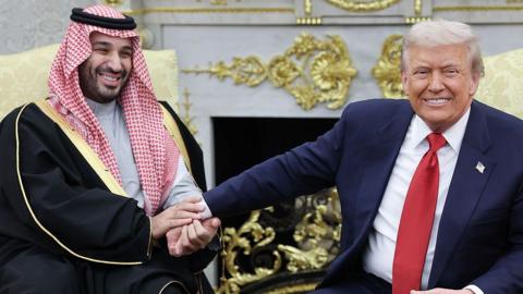 President Donald Trump (R) meets with Crown Prince and Prime Minister Mohammed bin Salman of Saudi Arabia during a bilateral meeting in the Oval Office of the White House on November 18, 2025 in Washington, DC. 