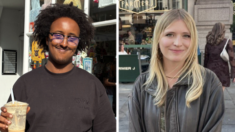 Composite picture. On the left: Hanad, wearing a glasses and a black T-shirt and holding an iced coffee, smiles as he stands outside a shop in London. On the right: Katy, who has blonde hair and is wearing a dark jacket, smiles at the camera in a central London street.