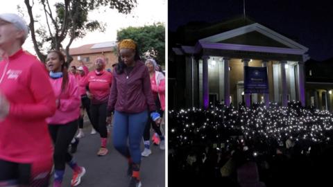 Split-screen showing women in pink running outside, on the left, and hundreds holding lanters at night during vigil on the right
