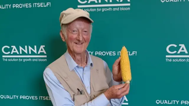 Peter Glazebrook and his record breaking heaviest sweetcorn kernel