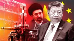 در سمت چپ تصاویر یک ساختمان تخریب شده و تجهیزات حفاری نفت دیده می شود که مجتبی خامنه ای رهبر ایران در وسط قرار دارد. در سمت راست رئیس جمهور چین شی جین پینگ با بخشی از پرچم چین در پس زمینه قرار دارد.
