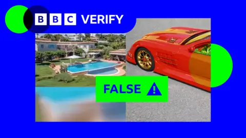 Two screengrabs from a fake video showing a picture of a mansion with a pool and a red sports car with cold wheel rims