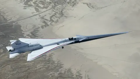 NASA/Carla Thomas The X-59 aircraft has a very long pointed nose - at least half the length of the entire plane reaches beyond the cockpit