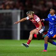Arsenal's Kyra Cooney-Cross (left) is tackled by HB Koge's Jereko during the UEFA Women's Champions League match at Mangata Developments Stadium Meadow Park, London. Picture date: Tuesday September 22, 2026.